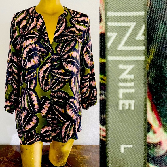 NILE Tropical PALM Leaf Print Resort Style Blouse Large - Picture 1 of 12